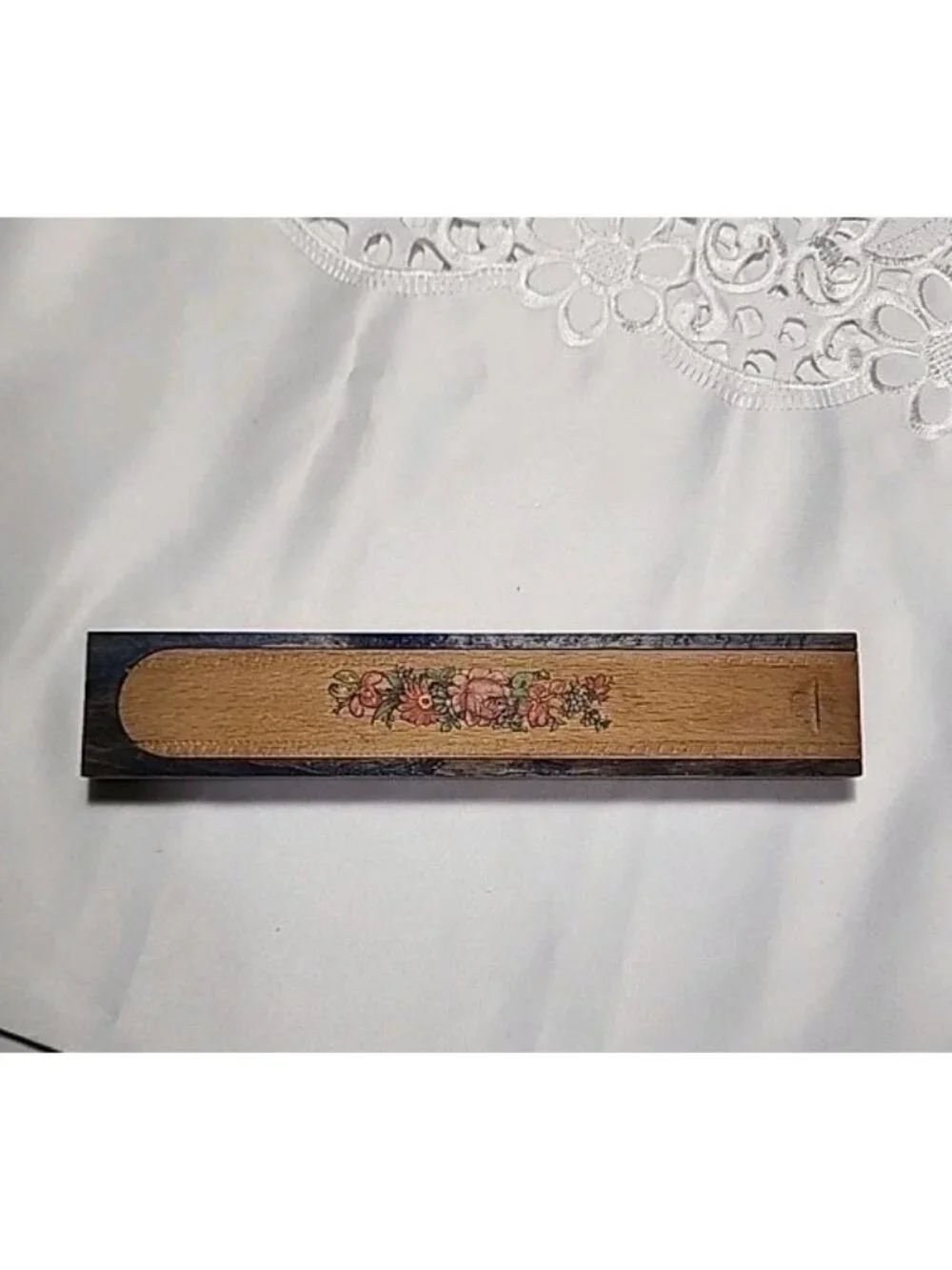 VTG‎ German Wooden Pencil Box Sliding Lid Office Desk Decor Floral Cottagecore